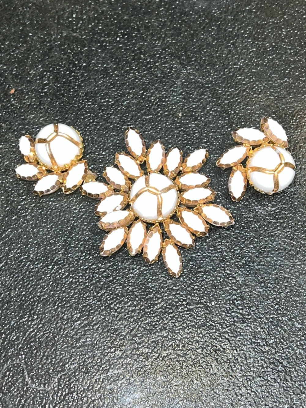 Hattie Carnegie Gold & White Starburst Statement Brooch and Earrings Set